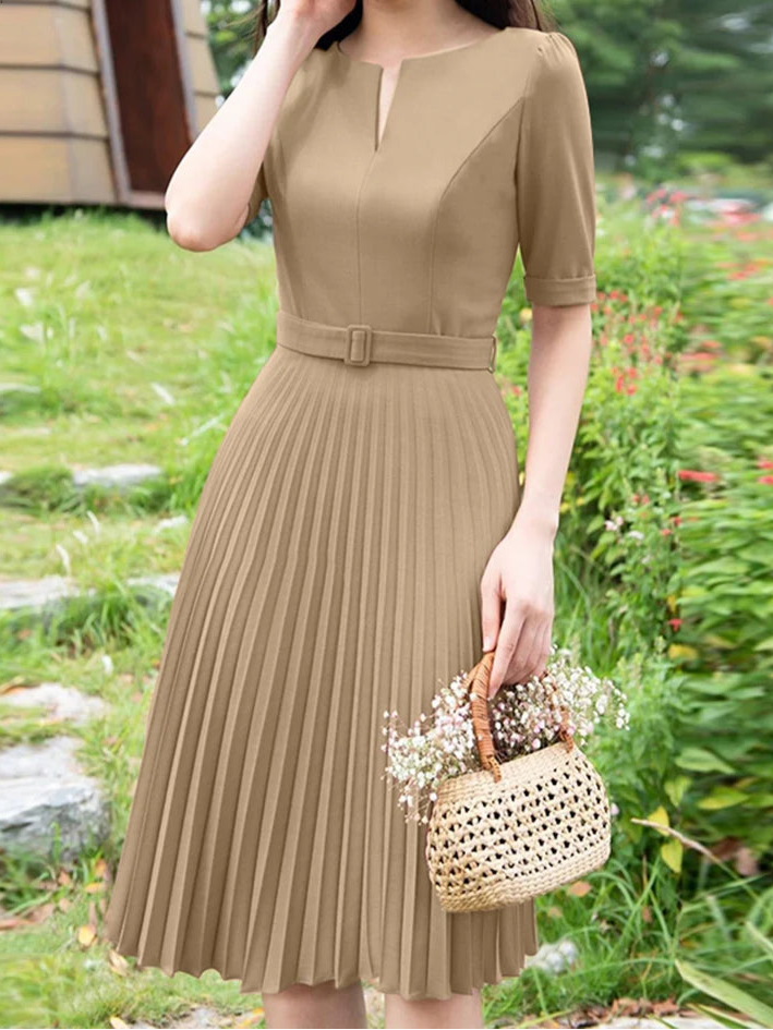 Summer Dress Women V-neck Short Sleeve Solid Pleated