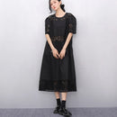 Lace Joined Loose Fit Korean Style Woman 2025 Summer Round Neck Short-Sleeve Black Pullover Dress Gorgeous Big Size Robe JKXD008