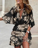 Women's V-Neck Elastic Waist Printed Ruffle Dress