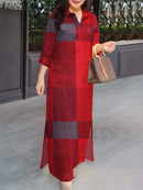 Women Dresses 2025 Vintage Plaid Checked Sundress Lapel Neck 3/4 Sleeve