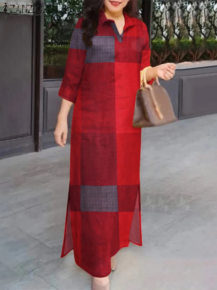 Women Dresses 2025 Vintage Plaid Checked Sundress Lapel Neck 3/4 Sleeve