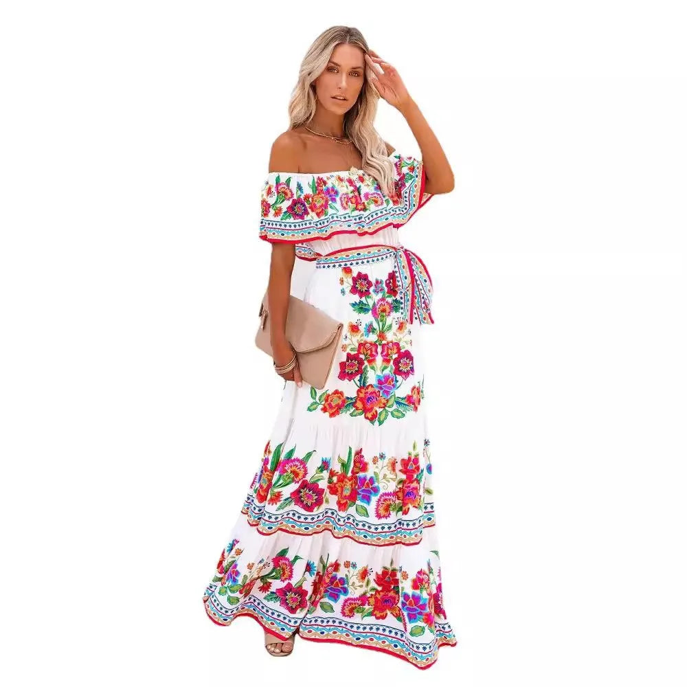 2024 Spring/Summer New Women Retro Fashion One Shoulder Red Flower Printed Waist Collection Long Style Large Swing Casual Dress