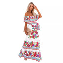 2024 Spring/Summer New Women Retro Fashion One Shoulder Red Flower Printed Waist Collection Long Style Large Swing Casual Dress