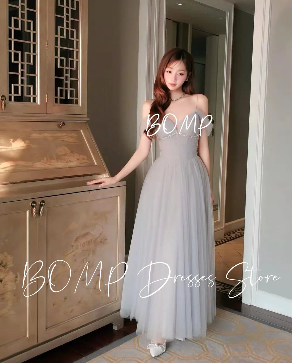 BOMP Princess Grey Korea Wedding Party Dress Sweetheart Off Shoulder Draped Tulle Special Occasion Birthday Gown Customized
