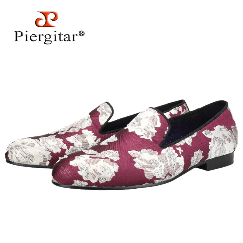 Piergitar 2022 New Arrival Purple Jacquard Fabric With White Fowers Handmade Men Loafers Party And Prom Male Flats Plus Size