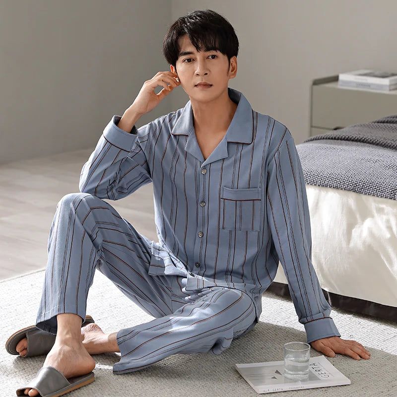 2024 Winter Cotton Men Blue Stripe Sleepwear
