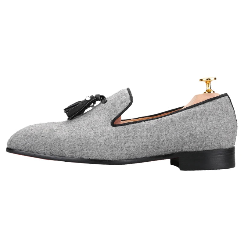 Piergitar Gray Woolly Men's Loafers With Sliver Spikes Tassels Handmade Smoking Slippers Luxurious CL Brand Same Type Red Sole
