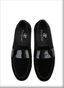 Classic Black Velvet Slip-On Men Shoes with Patent Leather Cross Strap Loafers for Fashion Party Wear