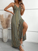 Women's Summer Ethnic Pattern Backless Split Thigh Dress Ladies Summer Clothes Boho Fashion Frill Trim Long Dress for Beach
