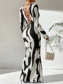 Long Sleeve Crew Neck Open Back Tie Up Women Bodycon Dress Maxi Women Outfit