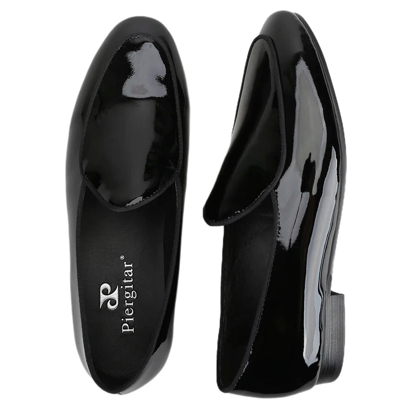 Piergitar Classic Style Black Patent Leather Slip-On Loafers For Party And Wedding Handmade Men's Dress Shoes Luxury Red Bottom