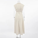 2025 Autumn New Style Commuter Long Skirt For Women Elegant Fashionable Solid Color Lapel Sleeveless High Waist Lace-up Dress