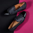 Piergitar Flash Purple Sequined Canvas Slippers With Patent Leather Toes Handmade Men Moccasins For Party And Wedding Plus Size