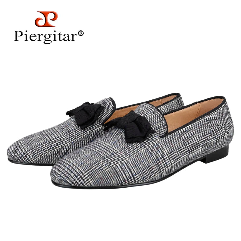 Piergitar 2024 Gray Color Gingham Printing Smoking Slippers Handmade Black Bow Tie Slip-On Loafers Men's Casual Shoes Plus Size