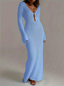 Sexy Women White Long Knit Sleeve Bikin Fashion Cover up Female See-Through Deep V-Neck Hollow-Out Beach Knitwear Backless Dress