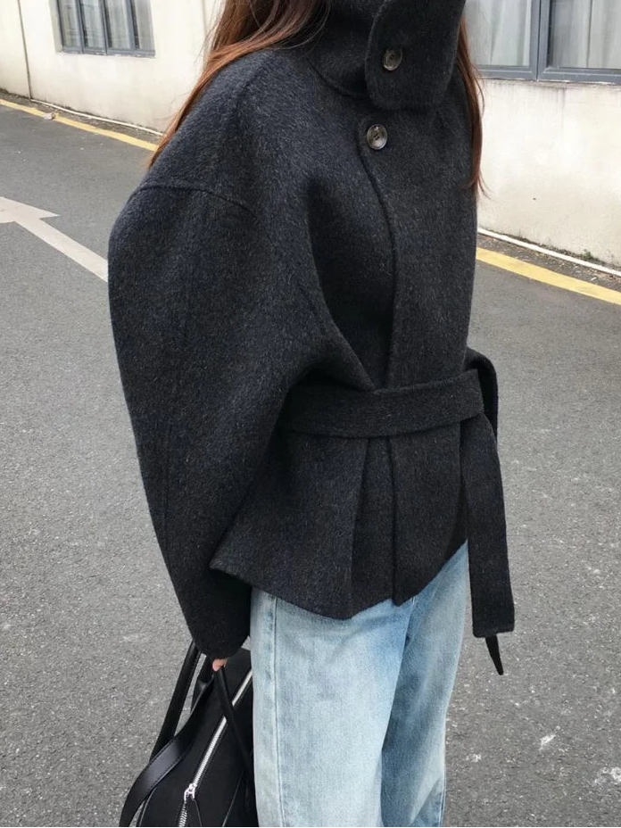 Street Women's Belt Stand Collar Woolen Coats Chic Single Breasted Full Sleeve Jacket 2025 Autumn Winter Lady Commute Outwear