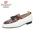 Piergitar Brand 2023 White Cotton Canvas Of Paisley Pattern Men's Loafers Fashion Party Handmade Leahter Tassel Shoes Plus Size