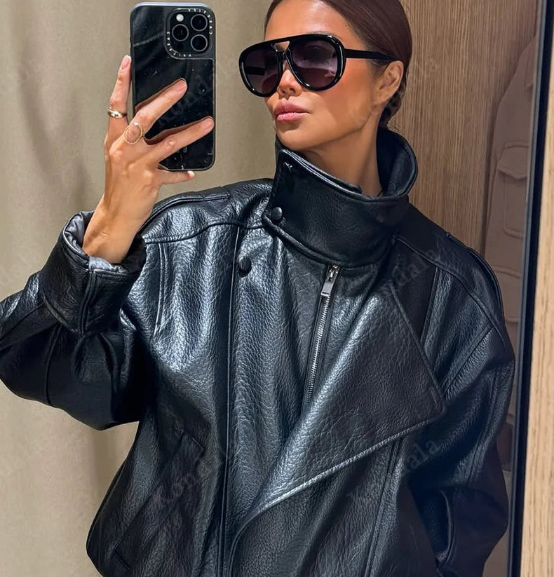 Women 2025 Fall Winter Leather Standing Collar Jacket Faux PU Zipper Pilot Jacket Coat Casual Fashion Outwear Ladies Jacket