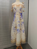 2025 New French High Quality Luxury Chic Dress Appliques Floral Print Spring Summer Strapless Women Holiday Spaghetti Midi Dress