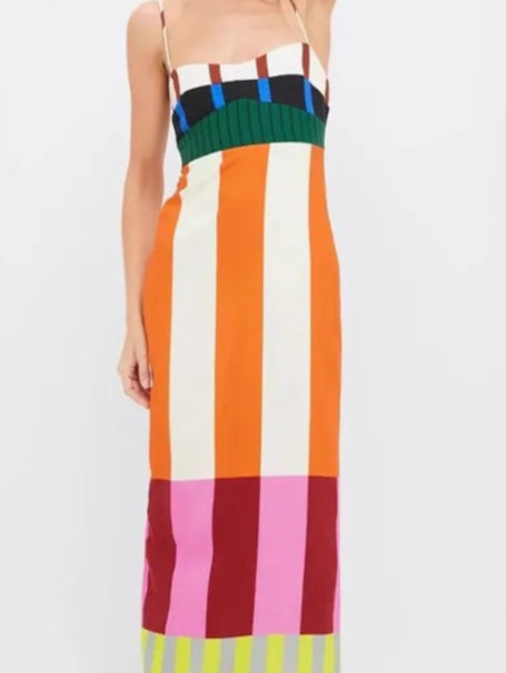 Women's Long Striped Colorful Spaghetti Strap Maxi Dress