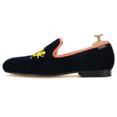 Piergitar British Style Embroidery Navy Velvet Shoes With Gold Outsole Handmade Men Loafers Slip-On Smoking Slippers For Party