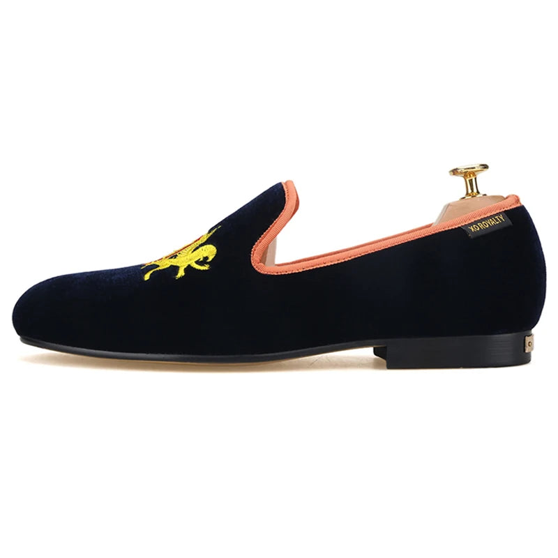 Piergitar British Style Embroidery Navy Velvet Shoes With Gold Outsole Handmade Men Loafers Slip-On Smoking Slippers For Party