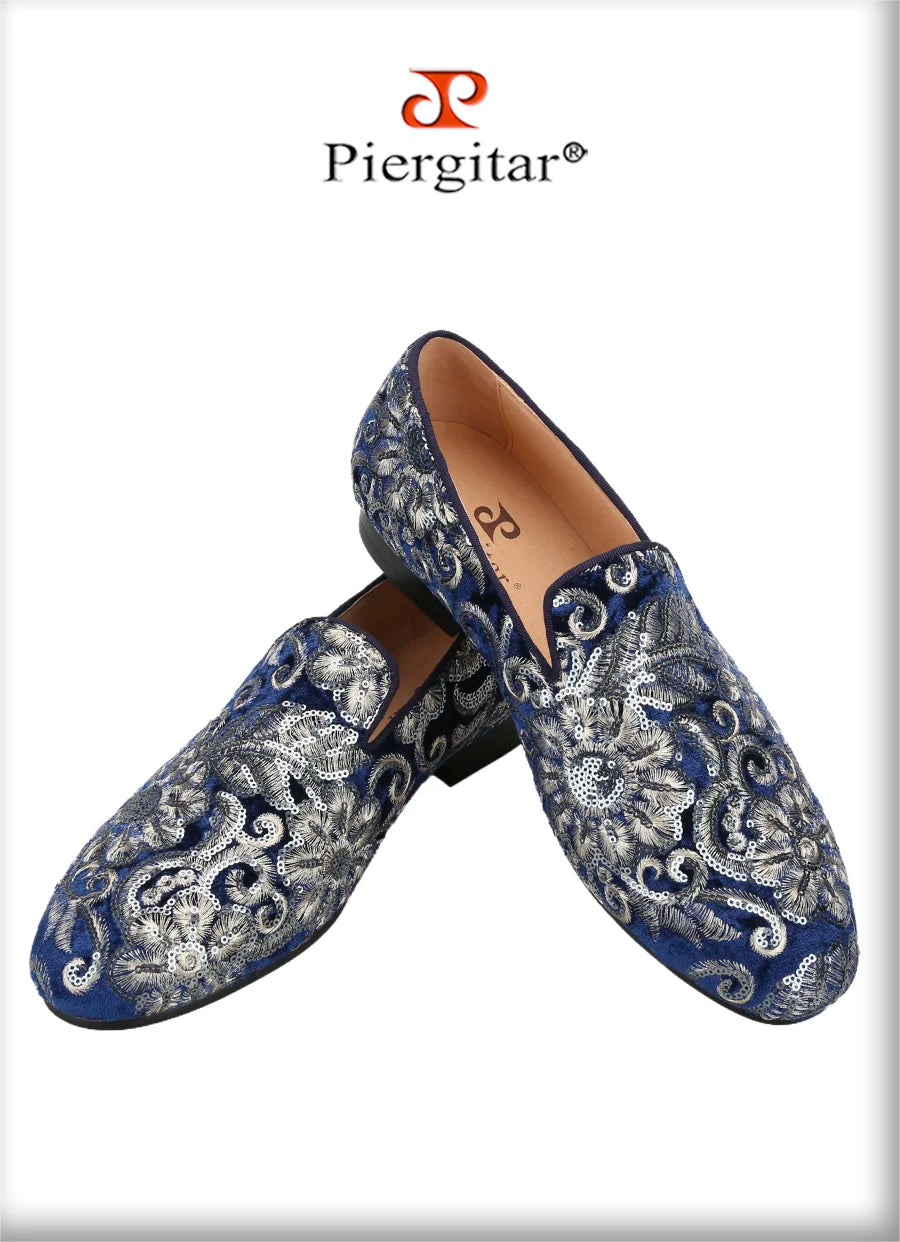 Piergitar Handmade Paisley Pattern Bling Men Velvet Shoes For Party And Wedding Superglamourous Brand Same Model Slip-On Loafers