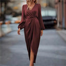 Women's 2025 new long dress; elegant round-neck silk satin long sleeves; midi dress for ladies; sexy dress; street fashionbe.