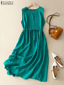 ZANZEA Women Round Neck A-lin Midi Dress Korean Casual Tank Robe Casual Solid Pleated Vestidos 2024 Summer Sleeveless Sundress