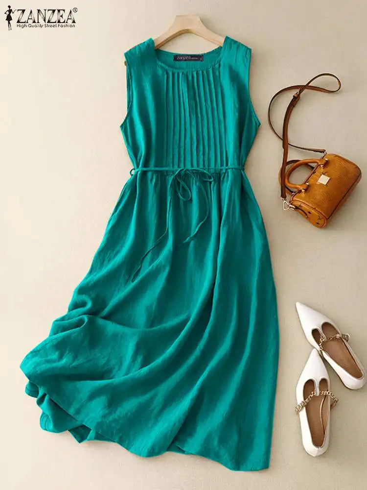ZANZEA Women Round Neck A-lin Midi Dress Korean Casual Tank Robe Casual Solid Pleated Vestidos 2024 Summer Sleeveless Sundress