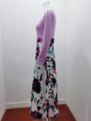 2023 European and American style floral print color matching long sleeved dress, long women's large swing skirt