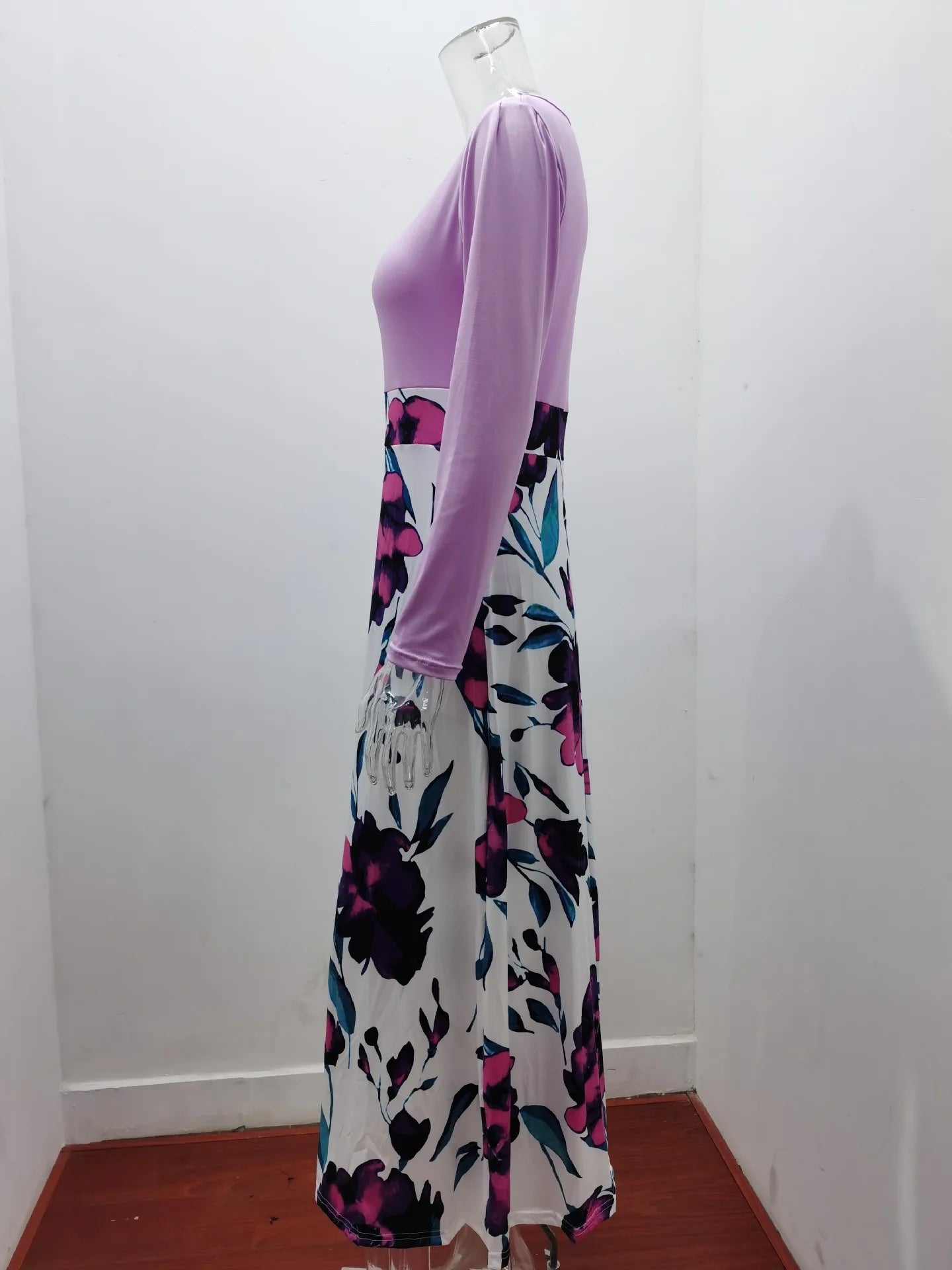2023 European and American style floral print color matching long sleeved dress, long women's large swing skirt