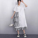 Ruffle Decoration New 2025 Summer Korean Style Woman Black Shirt Dress Loose Fit Chic Big Size Casual Holiday Dress Robe JKXD002