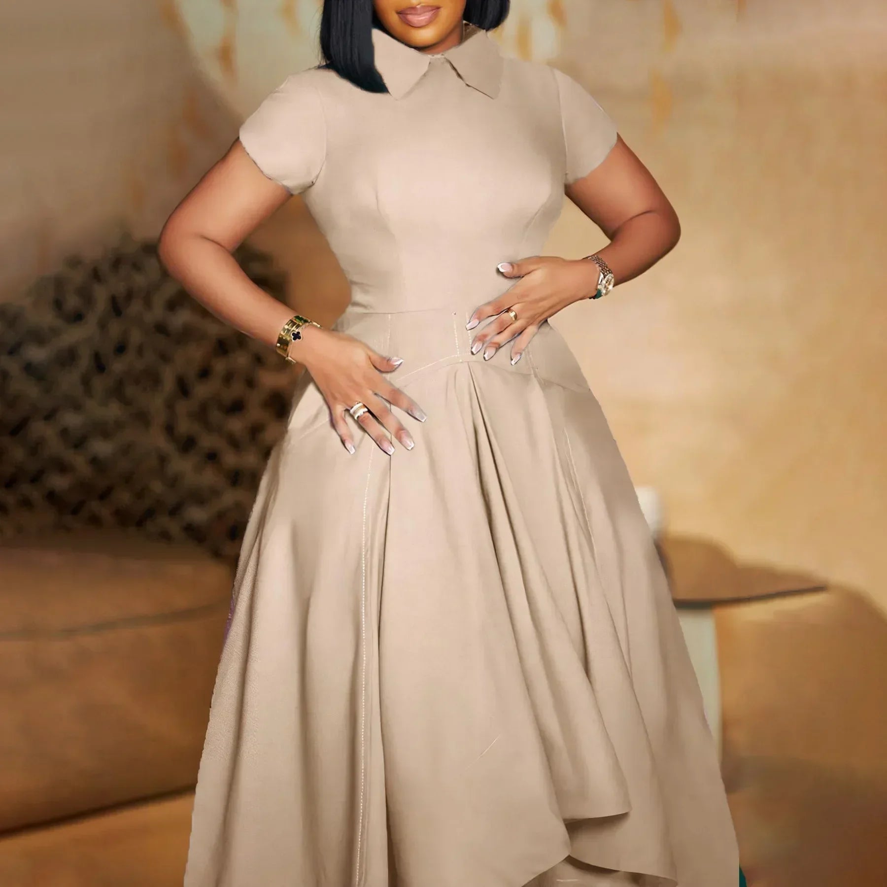 Women's Pleated Short Sleeves length Gown