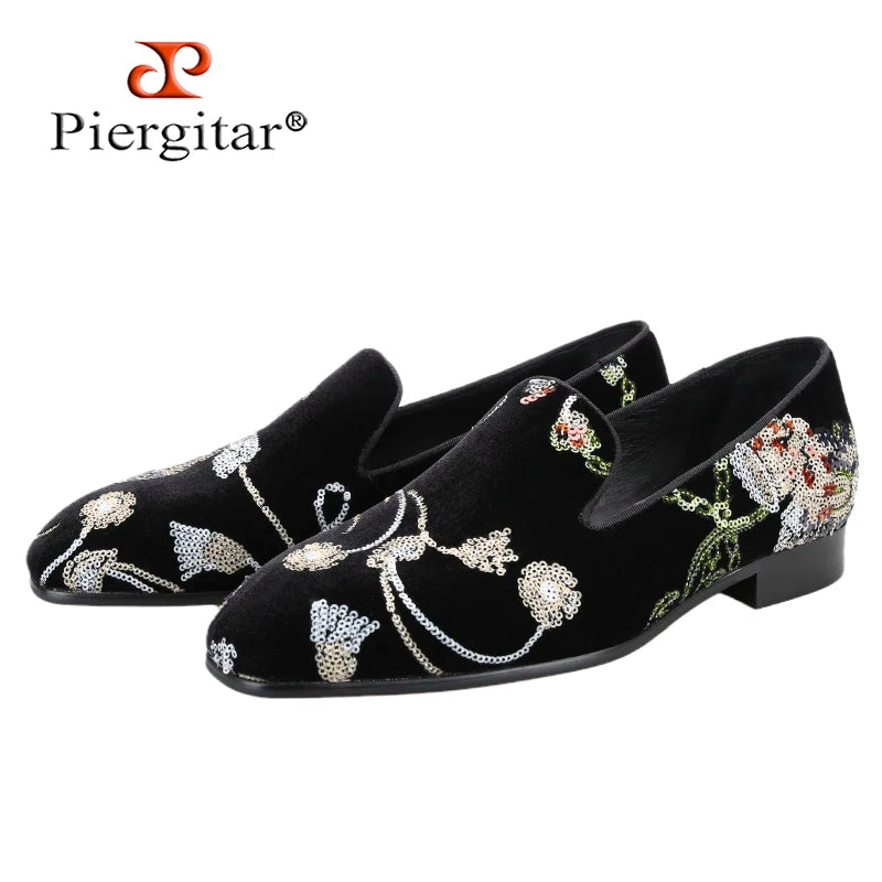 Piergitar Black And Grass Green Velvet With Handmade Classical Chinese Style Sequin Embroidery Men's Loafers Red Sole Moccasins