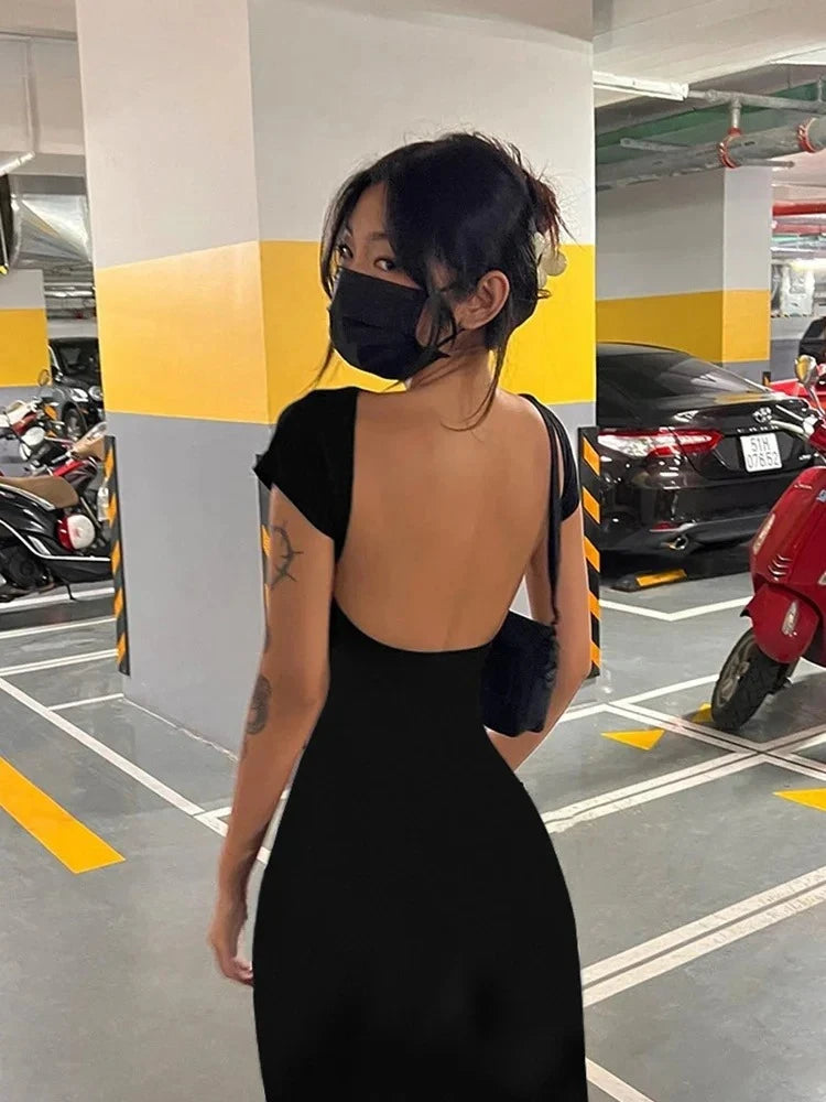 Women's Solid Backless Maxi Dress Elastic Short Sleeve Long Dresses Streetwear Clothing