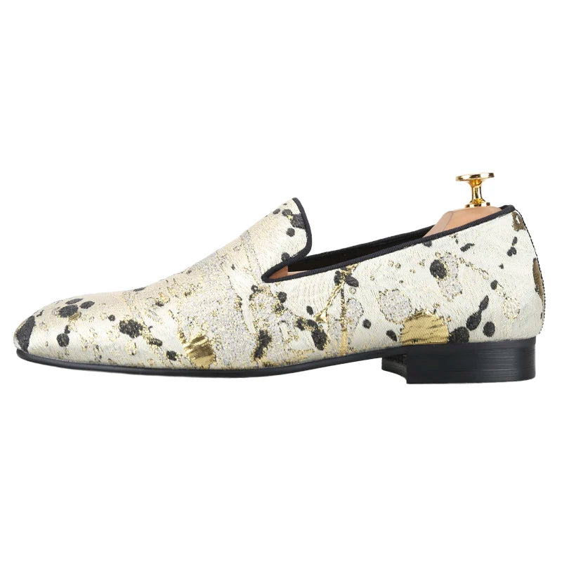 Piergitar Gold Color Ink Embossed Silk Men's Loafers Slip-On Model Handmade Moccasins For Wedding Breathable Leather Insole