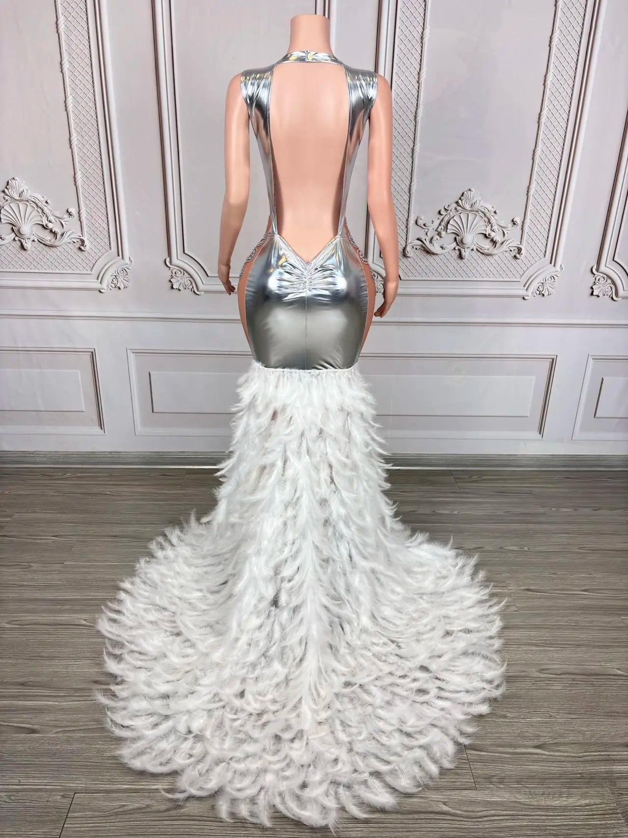 Women's Silver rhinestone transparent mesh floor dragging feather party dress