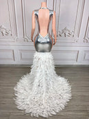 Women's Silver rhinestone transparent mesh floor dragging feather party dress