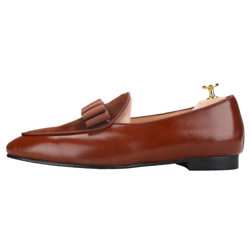 Men's formal shoes for wedding and prom in brown suede slip-ons with matching color bows made from patchwork leather.