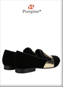 Piergitar Handmade Men Velvet Shoes With Across Gold Metal Buckles For Formal Suit Wear Fashion Party Slip-On Loafers Plus SIze
