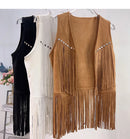 Retro Western Cowboy Style Soft Suede Tassel Vest Spring Autumn Sleeveless Cardigan Women Casual Waistcoat Sweetwear