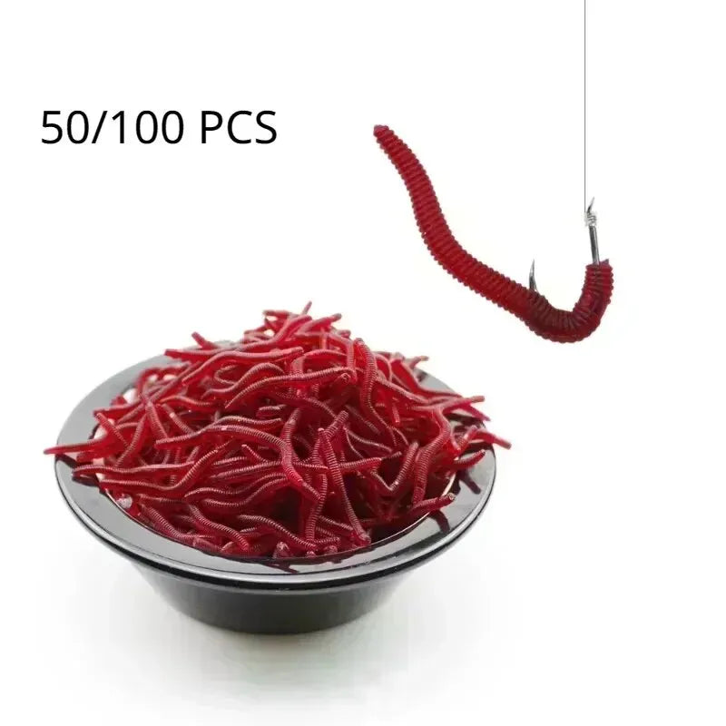 50/100PCS Soft Lure Bass Bream Bloodworm Fishing Earthworm