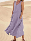 Women Linen Sundress Summer Female Sleeveless Double Big Pocket Loose Sand Beachwear Long Dress Oversized