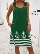 2025 New Women's Vest Skirt Pocket Ethnic Style Fashion Printed V-neck Simple Vacation Beach Mini Dress for Female