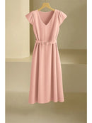 2024 Spring Summer Women's V-Neck Midi Dress Soft Stretch Office Casual Chic Solid Color No Belt Included
