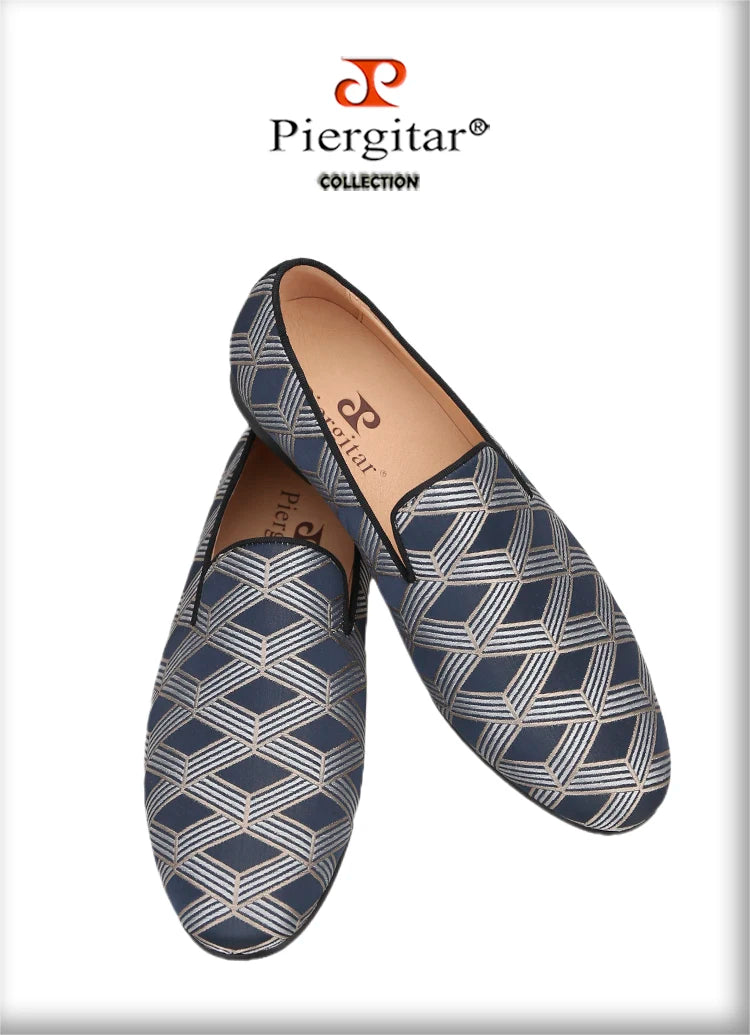Piergitar 2022 High Grade Silk Fabric Men's Loafers For Party And Wedding Leather Insole Handmade Man Smoking Slippers Plus Size