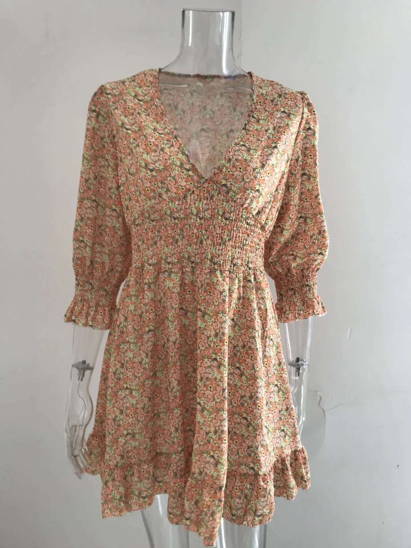 New Mid length Dress Waist Pullover Bohemian Printed Short Sleeve Fragmented Flower Dress