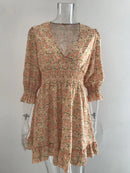 New Mid length Dress Waist Pullover Bohemian Printed Short Sleeve Fragmented Flower Dress