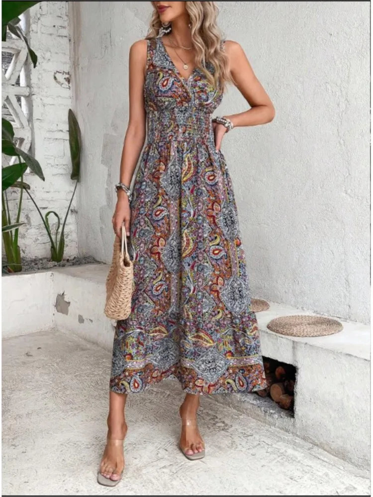 Summer Boho Print Women Fashion Sleeveless Beach Party Dresses